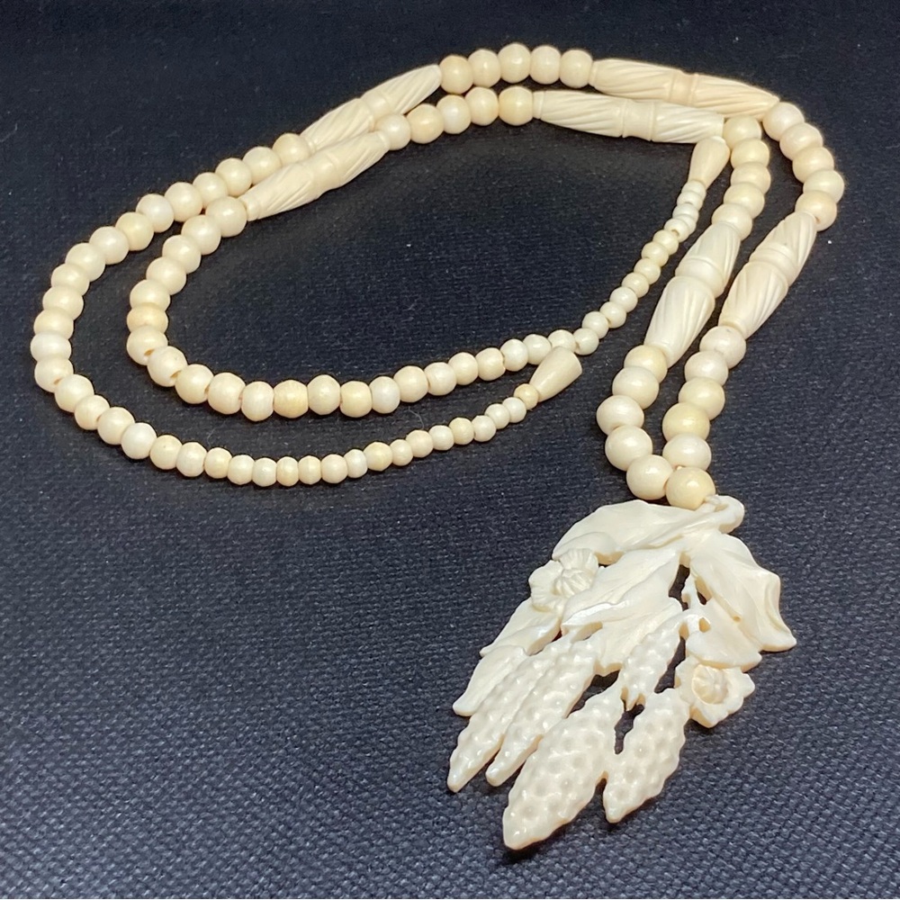 Vintage Hand Carved Bone Beaded Necklace & Pendant